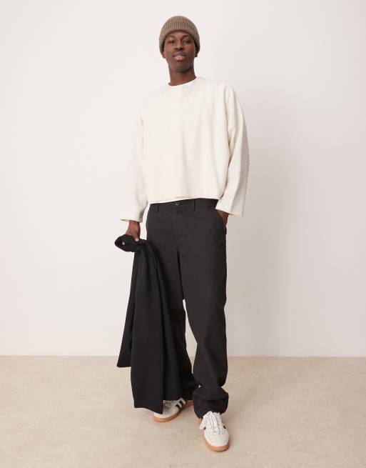 ASOS DESIGN super oversized cropped long sleeve t-shirt in brushed waffle with henley neck in off white, 2 of 4