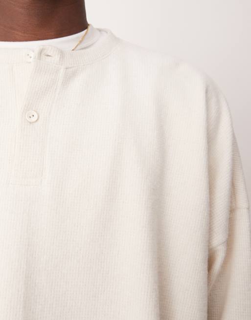 ASOS DESIGN super oversized cropped long sleeve t-shirt in brushed waffle with henley neck in off white, 3 of 4
