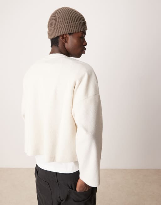 ASOS DESIGN super oversized cropped long sleeve t-shirt in brushed waffle with henley neck in off white, 4 of 4