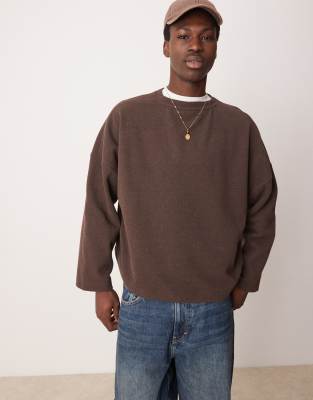 super oversized cropped long sleeve T-shirt in heavyweight brushed rib with henley neck in brown