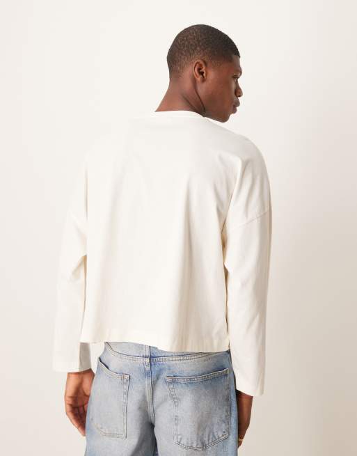 ASOS DESIGN super oversized cropped long sleeve t-shirt with henley neck in ecru, 3 of 4