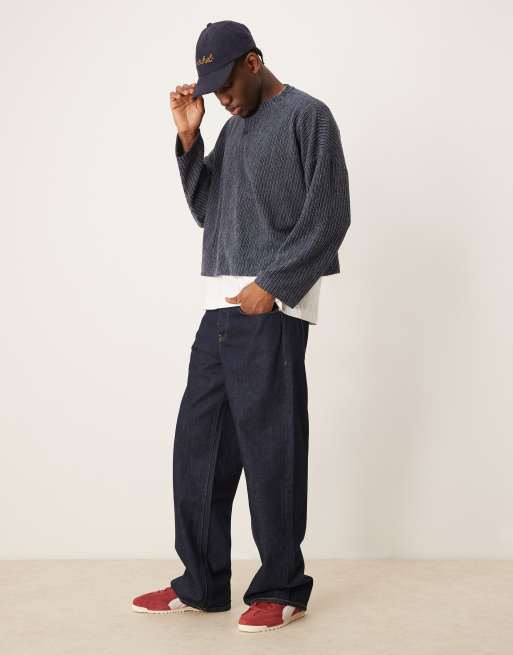 ASOS DESIGN super oversized cropped long sleeve t-shirt with henley neck in ribbed grey marl