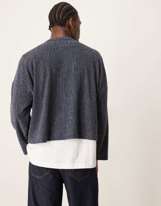 ASOS DESIGN super oversized cropped long sleeve t-shirt with henley neck in ribbed grey marl