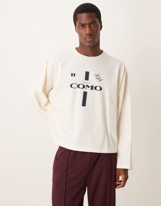 ASOS DESIGN - Super oversized cropped T-shirt met lange pasvorm en sportieve print in gebroken wit