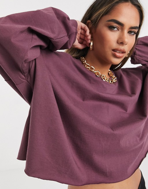 ASOS DESIGN super oversized cut off t-shirt with wide sleeve in mahogany