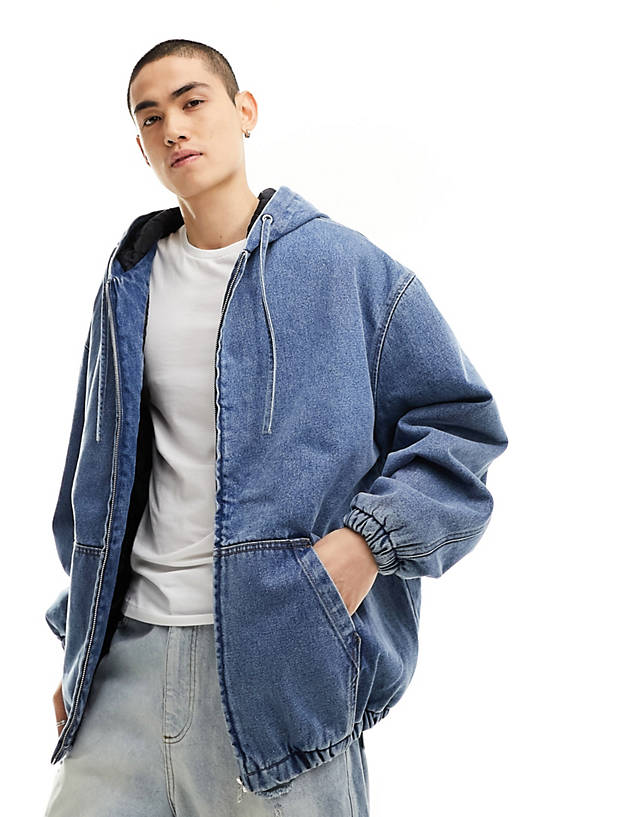 ASOS DESIGN - super oversized denim jacket with hood in mid wash blue
