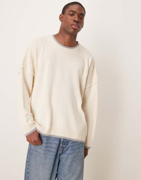 ASOS DESIGN super oversized exposed seams knitted  fit jumper in beige with grey tipping - view 1