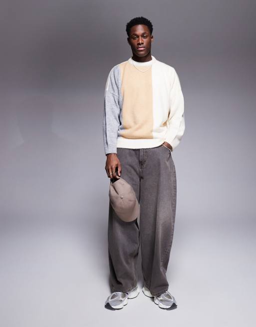 ASOS DESIGN super oversized fit crew neck jumper in beige colour block 