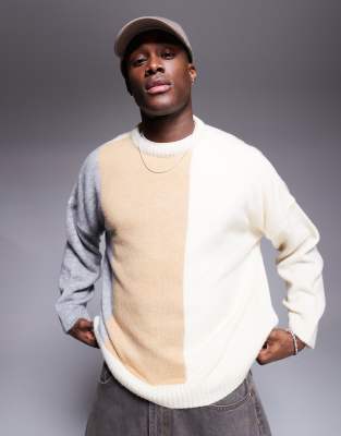 ASOS DESIGN super oversized fit crew neck sweater in beige color block - view 1