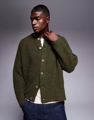 Asos Design Super Oversized Fit Knit Crew Neck Cardigan In Green