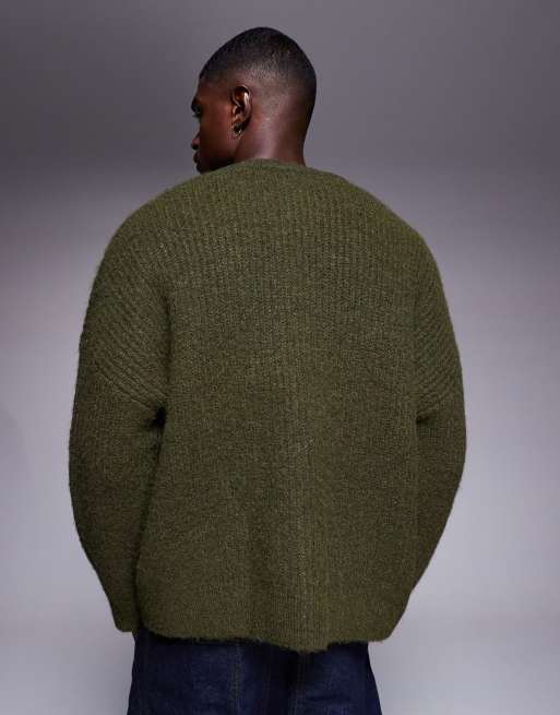 ASOS DESIGN super oversized fit knit crew neck cardigan in khaki
