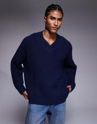 Asos Design Super Oversized Fit Knit V-neck Sweater In Blue