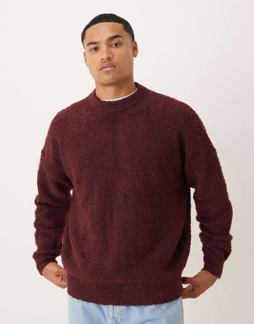 ASOS DESIGN super oversized fit knitted boucle crew neck jumper in burgundy