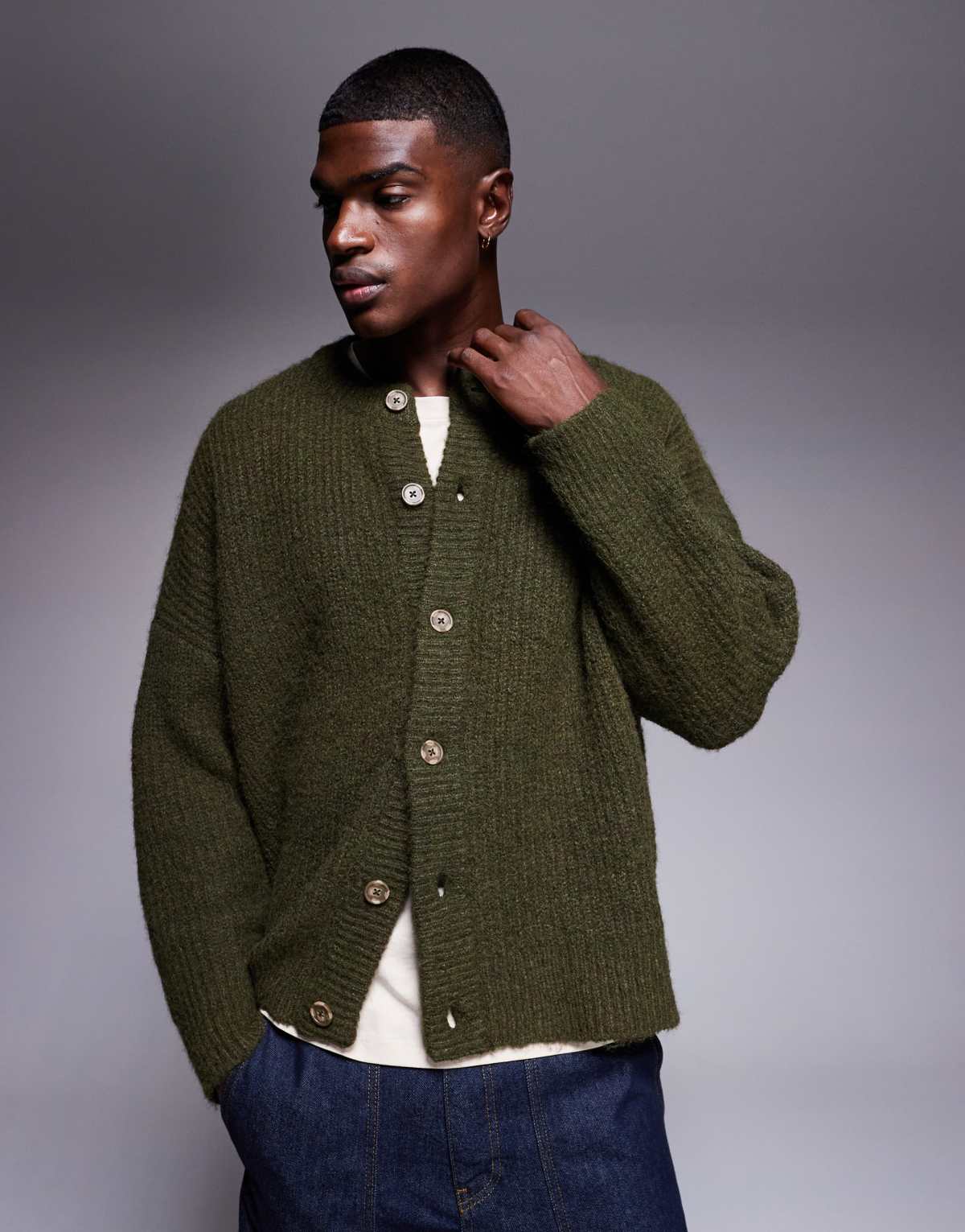 ASOS DESIGN super oversized fit knitted crew neck cardigan in khaki