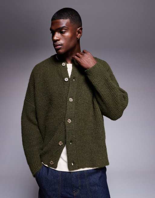 ASOS DESIGN super oversized fit knitted crew neck cardigan in khaki