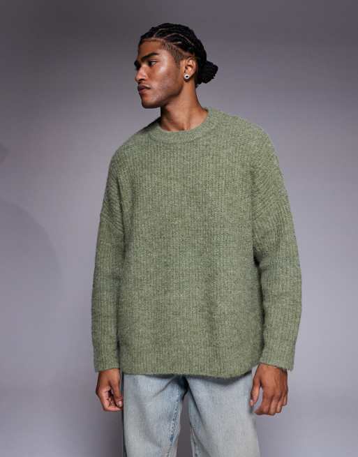 ASOS DESIGN super oversized fit knitted crew neck jumper in sage green marl