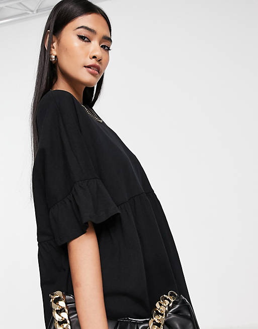  super oversized frill sleeve smock dress in black 