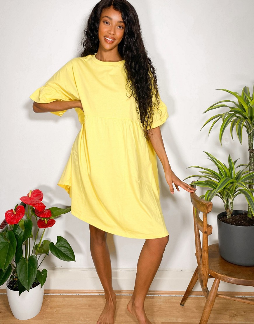 ASOS DESIGN super oversized frill sleeve smock dress in lemon-Blue