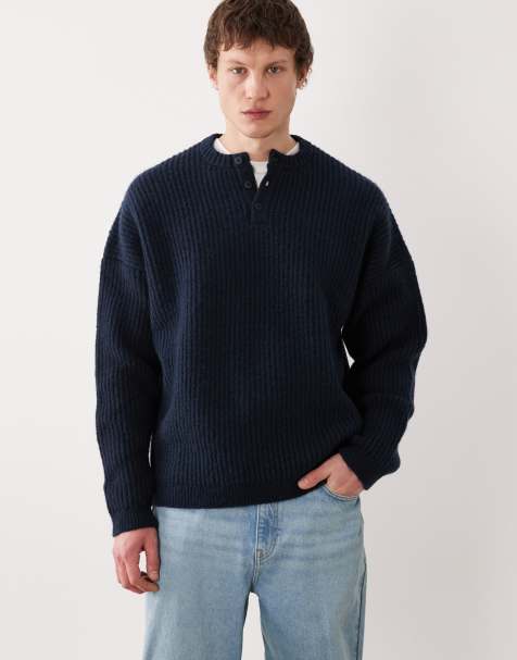 ASOS DESIGN - Super oversized gebreide henley trui in marineblauw - view 1