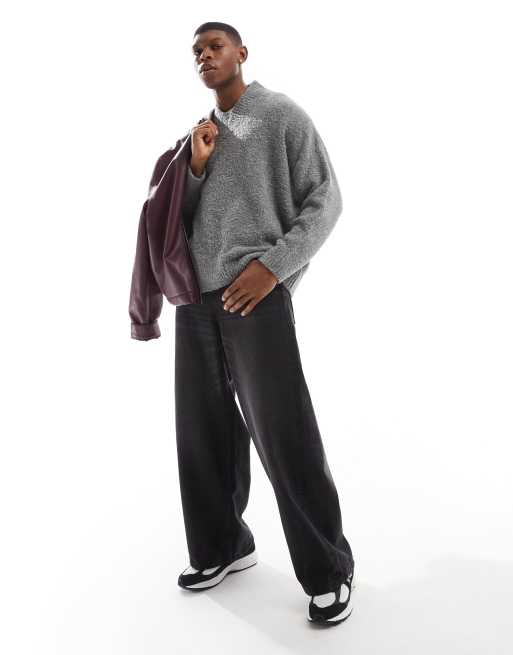 ASOS DESIGN - Super oversized gebreide trui met rechte pasvorm en V-hals in grijs, 4 van 4
