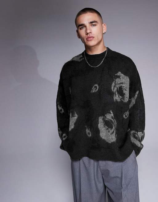 ASOS DESIGN - Super oversized gebreide trui met ronde hals, rechte pasvorm en bloemenpatroon in zwart