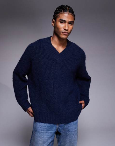 ASOS DESIGN - Super oversized gebreide trui met V-hals in marineblauw - view 1