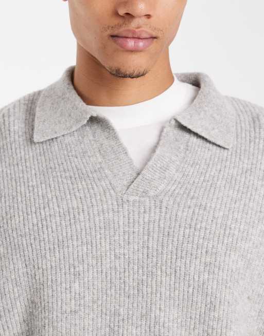 ASOS DESIGN - Super oversized gebreide trui met vissersribbels, inkeping in de hals en rechte pasvorm in lichtgrijs, 5 van 6