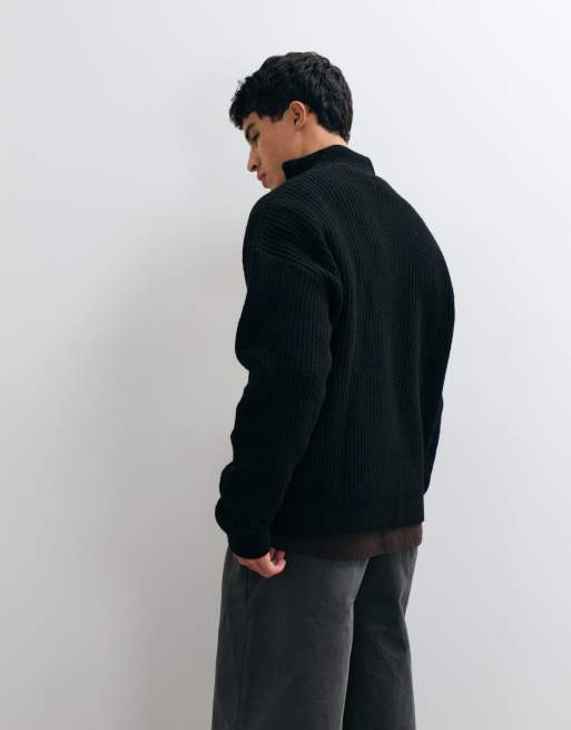 ASOS DESIGN super oversized gebreide trui van wolmix met halve rits en ribstructuur in zwart, 4 van 5