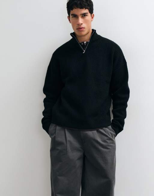 ASOS DESIGN super oversized gebreide trui van wolmix met halve rits en ribstructuur in zwart, 5 van 5