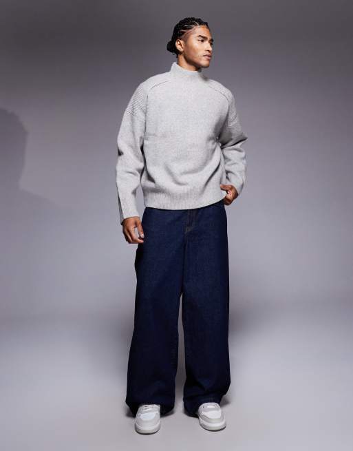 ASOS DESIGN - Super oversized gebreide trui van wolmix met opstaande boord in grijs, 2 van 5