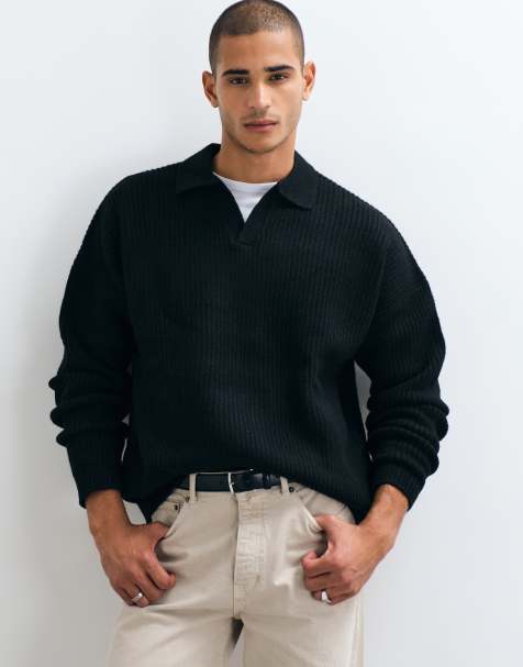 ASOS DESIGN super oversized gebreide trui van wolmix met rib en inkeping in de hals in zwart - view 1