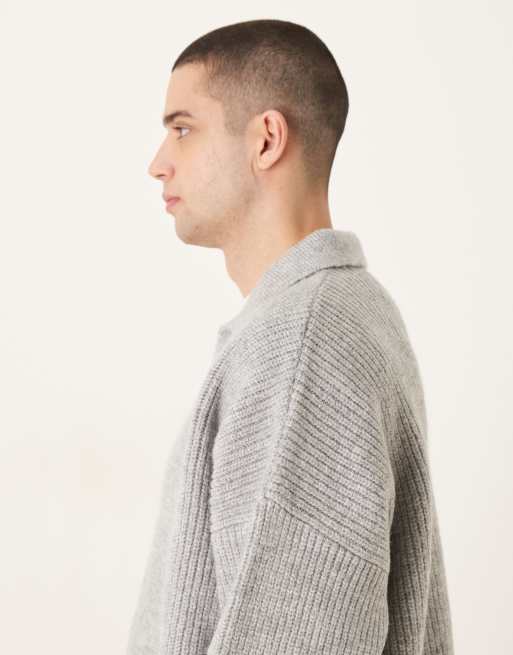 ASOS DESIGN - Super oversized geribbelde gebreide visserstrui met inkeping in de hals en rechte pasvorm in grijs, 4 van 5