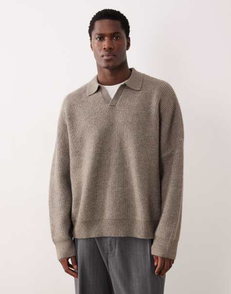 ASOS DESIGN - Super oversized geribbelde gebreide visserstrui met inkeping in de hals en rechte pasvorm in taupe - view 1