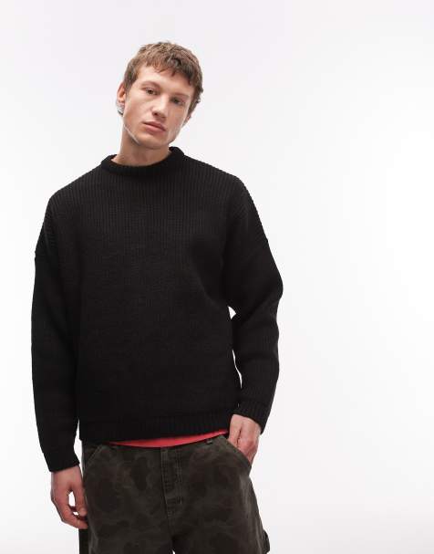 ASOS DESIGN - Super oversized, geribbelde gebreide visserstrui met rechte pasvorm in zwart - view 1