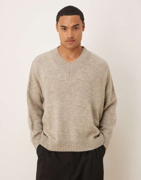 ASOS DESIGN - Super-oversized gråbrun striktrøje med v-hals - view 1
