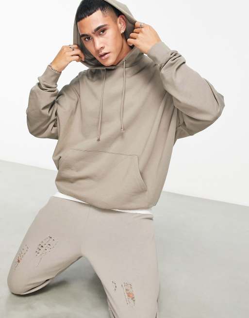 ASOS DESIGN oversized hoodie with ruched sleeves in brown