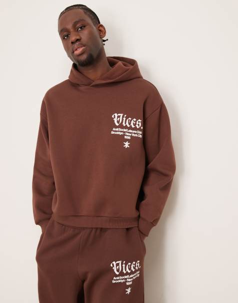 ASOS DESIGN super oversized hoodie with chest and hood print in brown (part of a set) - view 1