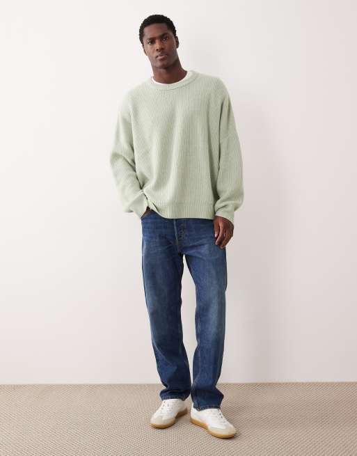 ASOS DESIGN super oversized knit fisherman rib crew neck sweater in sage green