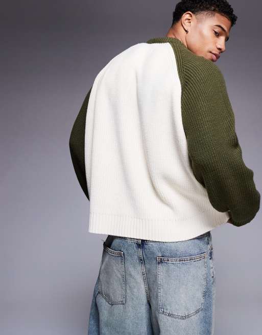 ASOS DESIGN super oversized knit fisherman rib raglan sleeve sweater in dark green , 3 of 4