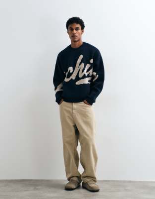 Asos Design Super Oversized Knit Graphic Sweater In Navy