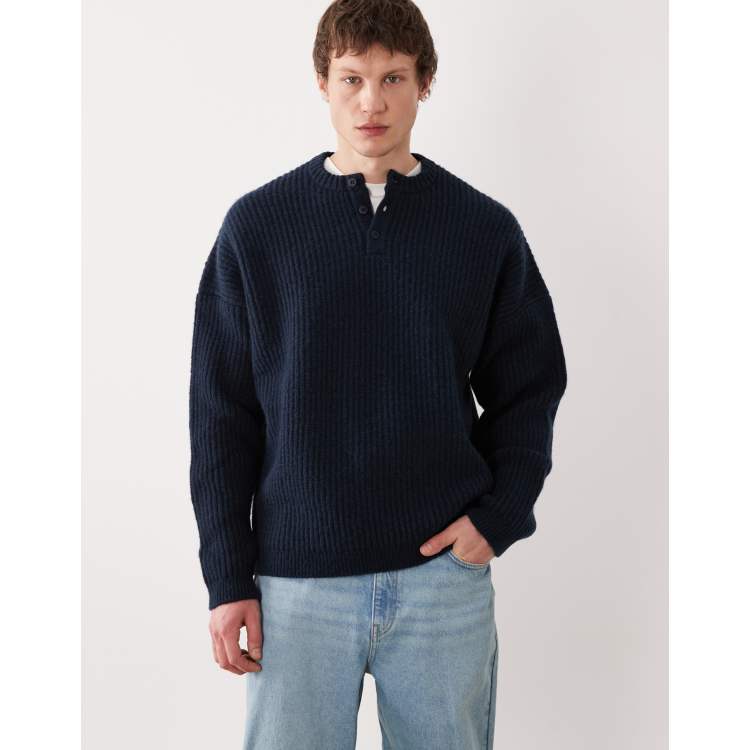 ASOS DESIGN super oversized knit henley neck sweater in navy | ASOS