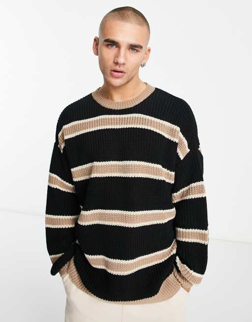 Relaxed Fit Rib-knit Sweater - Beige/striped - Men