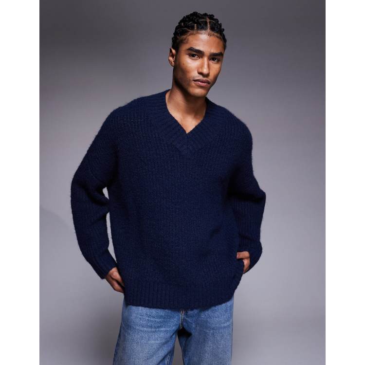 ASOS DESIGN super oversized knit v-neck sweater in navy | ASOS
