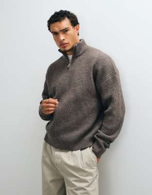 Asos Design Super Oversized Knit Wool Blend Half Zip Rib Sweater In Green