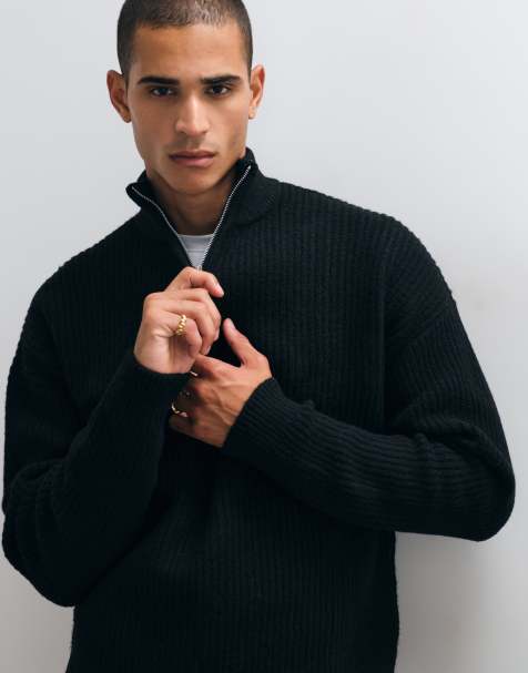 ASOS DESIGN super oversized knit wool blend half zip ribbed sweater in black - view 1