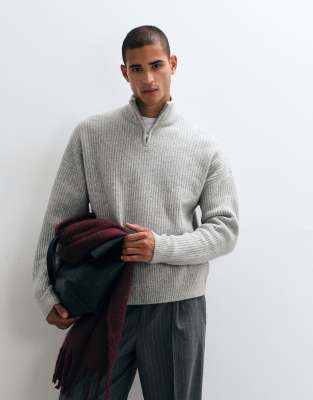 Asos Design Super Oversized Knit Wool Blend Half Zip Ribbed Sweater In Gray