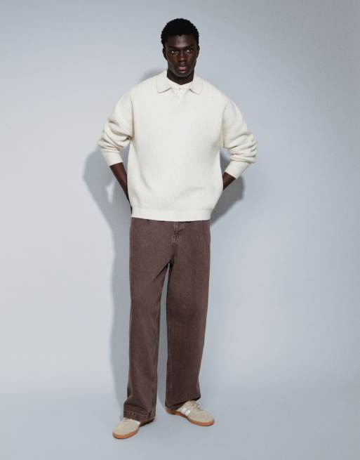 ASOS DESIGN super oversized knit wool blend ribbed notch neck sweater in oatmeal, 3 of 5