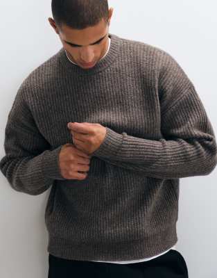 Asos Design Super Oversized Knit Wool Blend Ribbed Sweater In Brown