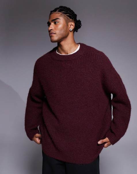ASOS DESIGN super oversized knitted crew neck jumper in burgundy - view 1