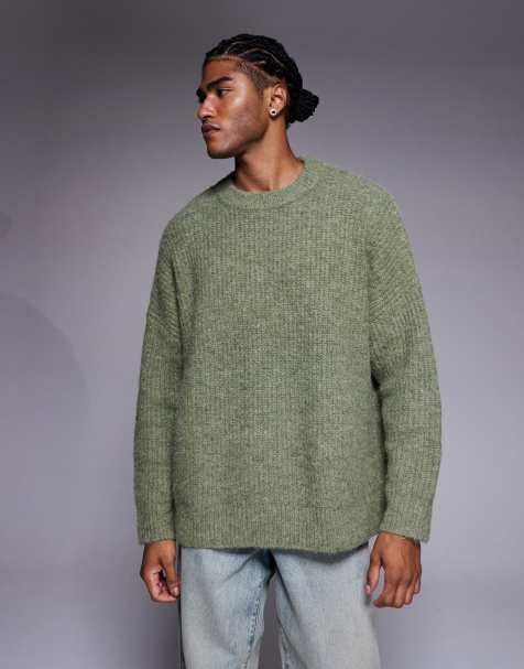 ASOS DESIGN super oversized knitted crew neck jumper in sage green marl - view 1